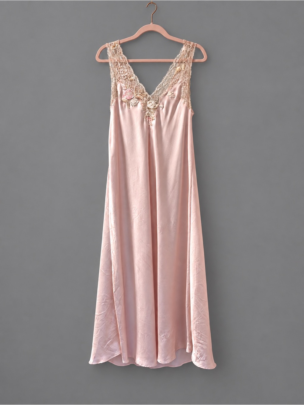 Natori Blush Pink Satin Nightgown Floral Lace Embroidered Long Gown
